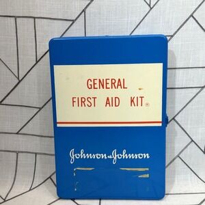 Johnson & Johnson First Aid Kit Blue VTG 1969 Metal Case Medical DISPLAY ONLY